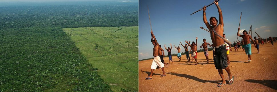 Links: Luftaufnahme der Entwaldung im westlichen Amazonasgebiet Brasiliens.Rechts: Mitglieder des Munduruku-Indianerstammes...